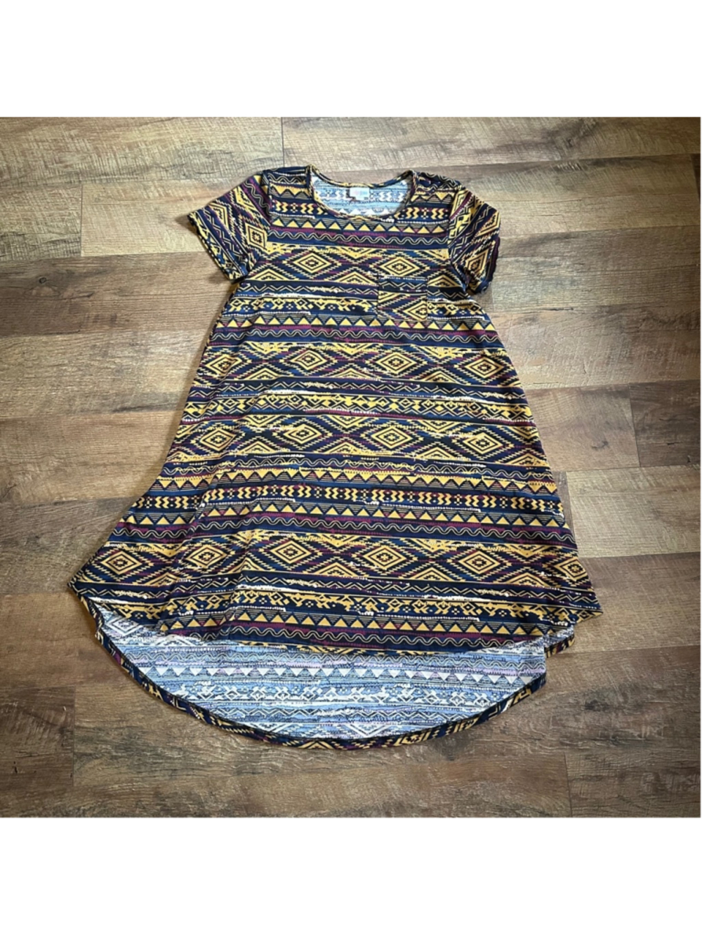 Women's LuLaRoe T-Shirt Dress Size S Blue Yellow Pattern Summer
